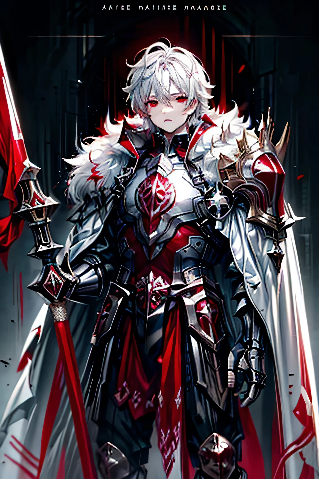 (masterpiece, best quality, perfect face, expressive eyes), 1boy, (anime), (male), (adult), glowing eyes, white hair, red eyes, iron knight armor, white fur cloak, holding large runic hammer,  