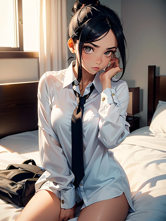 (masterpiece)(high resolution) A girl with short brown-black hair tied up in a bun with a hair clip. The hair is asymmetrical and completely covers one side of her face. You cannot see one of her eyes. She has a serious look, with solid black pupils and eyeliner and long eye lashes. she is wearing a white office shirt with a  black necktie. She is wearing no pants and has black underwear. Sitting on a bed in a hotel room