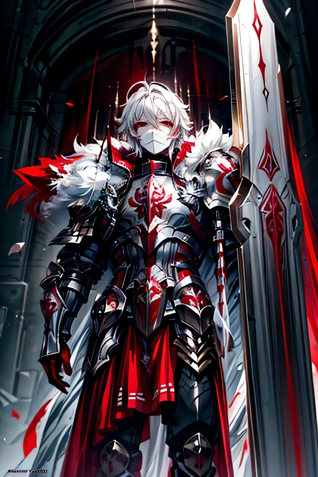 (masterpiece, best quality, perfect face, expressive eyes), 1boy, (anime), (male), (adult), glowing eyes, white hair, red eyes, iron knight armor, white fur cloak, holding large runic hammer,