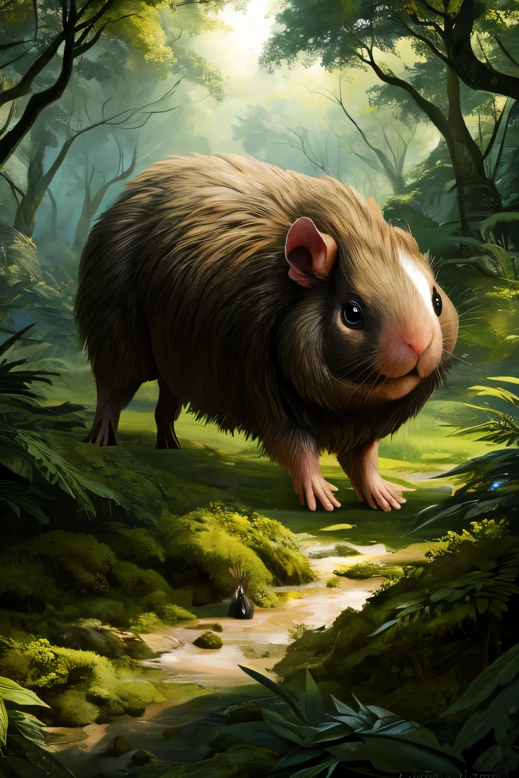 Generate a mutated water guinea pig, large and powerfully built, with its muscles taut and ready, eagerly approaching the foreground. The scene is set in a forest backdrop, a place teeming with all kinds of bizarrely mutated insects. The atmosphere is thick with tension and anticipation as the mutated water guinea pig, with its beady eyes gleaming with determination, prepares to make its next move. The forest, a vivid tapestry of lush greens and vibrant hues, serves as the perfect contrast to the creature's menacing presence. By using advanced techniques like ultra-realistic textures and intricate details, this image is sure to leave a