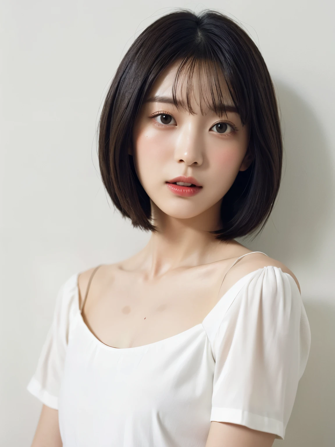 Stylish spring clothes、Silky hair、(背景にWhite wall、Short-sleeved tops:1.4)、White wall、Taken in front of a white door、(窓のあるWhite wallの部屋)、((highest quality、8k、masterpiece:1.3))、Ultra-high resolution、(photoGenuineistic:1.4)、RAW Photos、Japanese,(Detailed aspect)、Genuine、Photographed in natural light、Highly detailed face and skin texture、Highly detailed lips、The correct state of the human body、Short Hair、Black Hair、Various poses、short hair、Shortcuts、Natural color lip