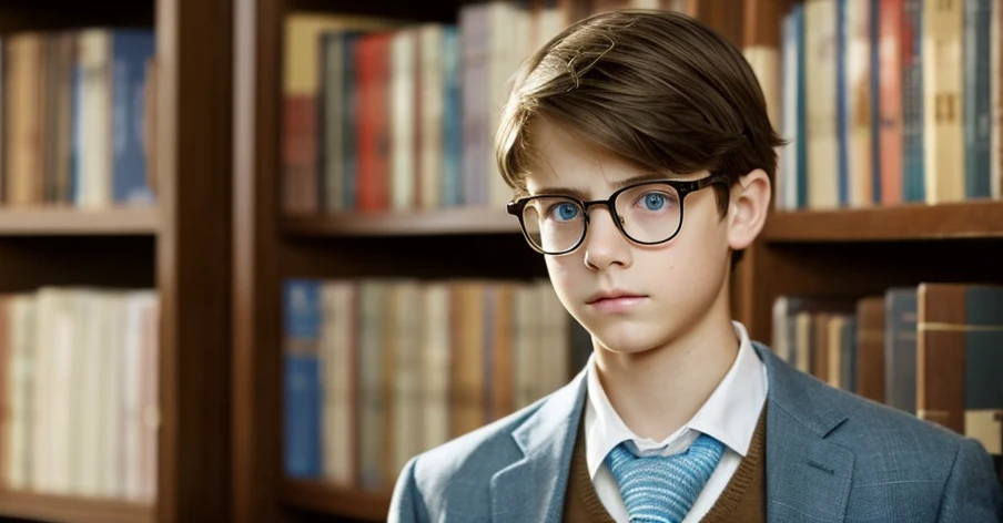 A 12 year old boy with light brown hair blue eyes white skin fine features fine European features in fine elegant clothes firm look sad melancholic serious with discreet glasses in the home library very beautiful boy