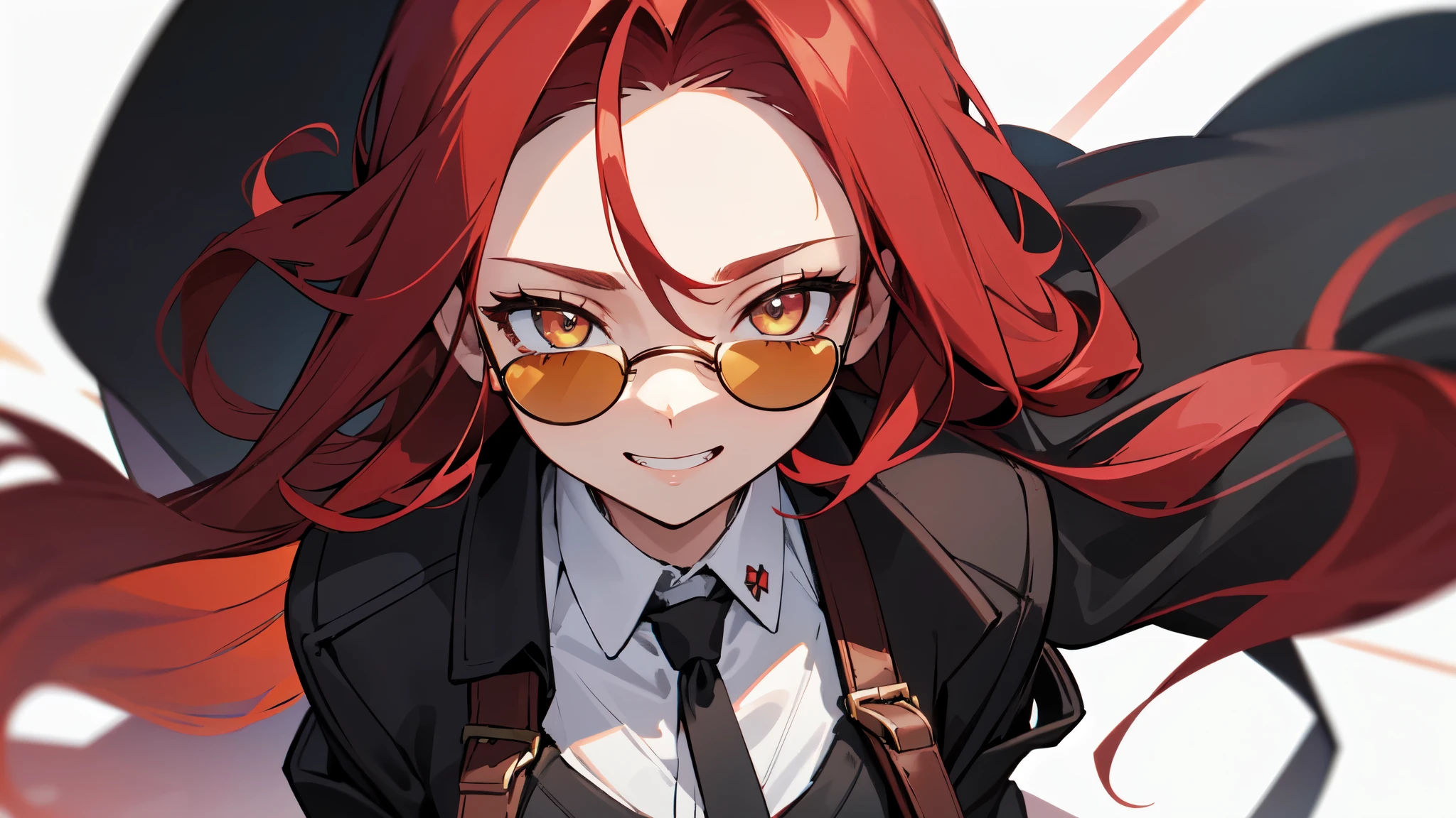 1girl, young woman, solo, long hair, big hair, (forehead:1.2), (round sunglasses:1.2), yellow eyes, (scarlet red hair), medium breasts, grin, (overcoat, black coat, open coat:1.2), white shirt, collared shirt, (chest harness, shoulder strap:1.15), black leather shorts, garter belt, gloves, elegant, looking at viewer, standing, chromatic aberration, (close-up to face:1.3), face only masterpiece, best quality, 4k