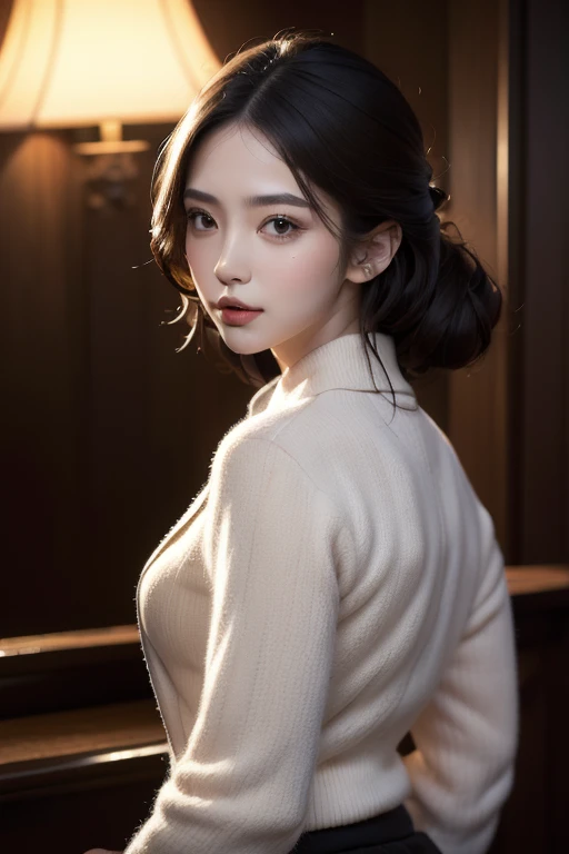 (Realistic、High resolution:1.3)high quality, Ultra-realistic, 8k, masterpiece: 1.3, Very detailed, Very beautiful woman,charm,1 female,Full body portrait,Are standing, (look back) (From behind), stylish, Classic silhouette, black midi skirt,Cashmere blazer,Bold colors and patterns, Eye-catching accessories, innovative hairstyles, Vibrant makeup, Bright and vivid color scheme, Detailed skin texture, Detailed cloth texture, Mature Woman,A kind smile, (Mouth closed), (masterpiece 最high quality:1.2) Delicate illustrations, super detailed, Big Break,office,Full body portrait,GGX Heel,
