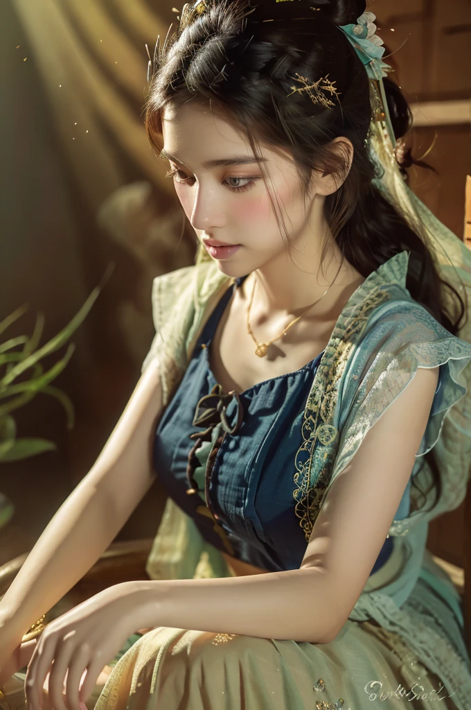 ( masterpiece, top quality, best quality,8k, girl,ultra detailed,raw photo:1.5),(photorealistic:1.4),(cinematic lighting), PerfectNwsjMajic, , Surrealism, UHD, ccurate, Super detail, textured skin, High detail, Best quality, dynamic angle, (high nose,White skin),[Beautiful blue eyes],(1girl),(good anatomy:0.5)), dunhuang_style, Dreamy atmosphere,expressive brush strokes, mystical ambiance, Artistic interpretation, a whimsical illustration, Subtle colors and tones,