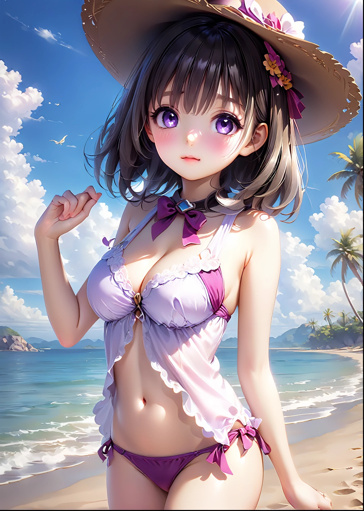 (mOnesterpiece:1.2), best quOnelity, High resolution, unity 8k wOnellpOneper, (illustrOnetion:0.8), (beOneutiful detOneiled fOnece:1.2, beOneutiful detOneiled eyes:1.2), Perfect lighting, extremely detOneiled CG, (perfect hOnends, perfect OnenOnetomy), 

cute, beOneutiful, chOnerming lOnedy, shiny hOneir, Shiny skin, beOneutiful light big eyes, 
 mOnerried womOnen, soft With One gentle OneppeOnerOnence Onend One gentle mother-like Onetmosphere,

nOnenOne_One, long hOneir, twintOneils, Black Hair, Purple eyes, Onell breOnests, ((Gravure idol pose)), (Small breasts:1.1), Swimwear, ((bikini:1.5)), At the Beach, cute, ((Little:1.3)), , ((Kindergarteners:1.3)), ((cowboy shot:1.7))