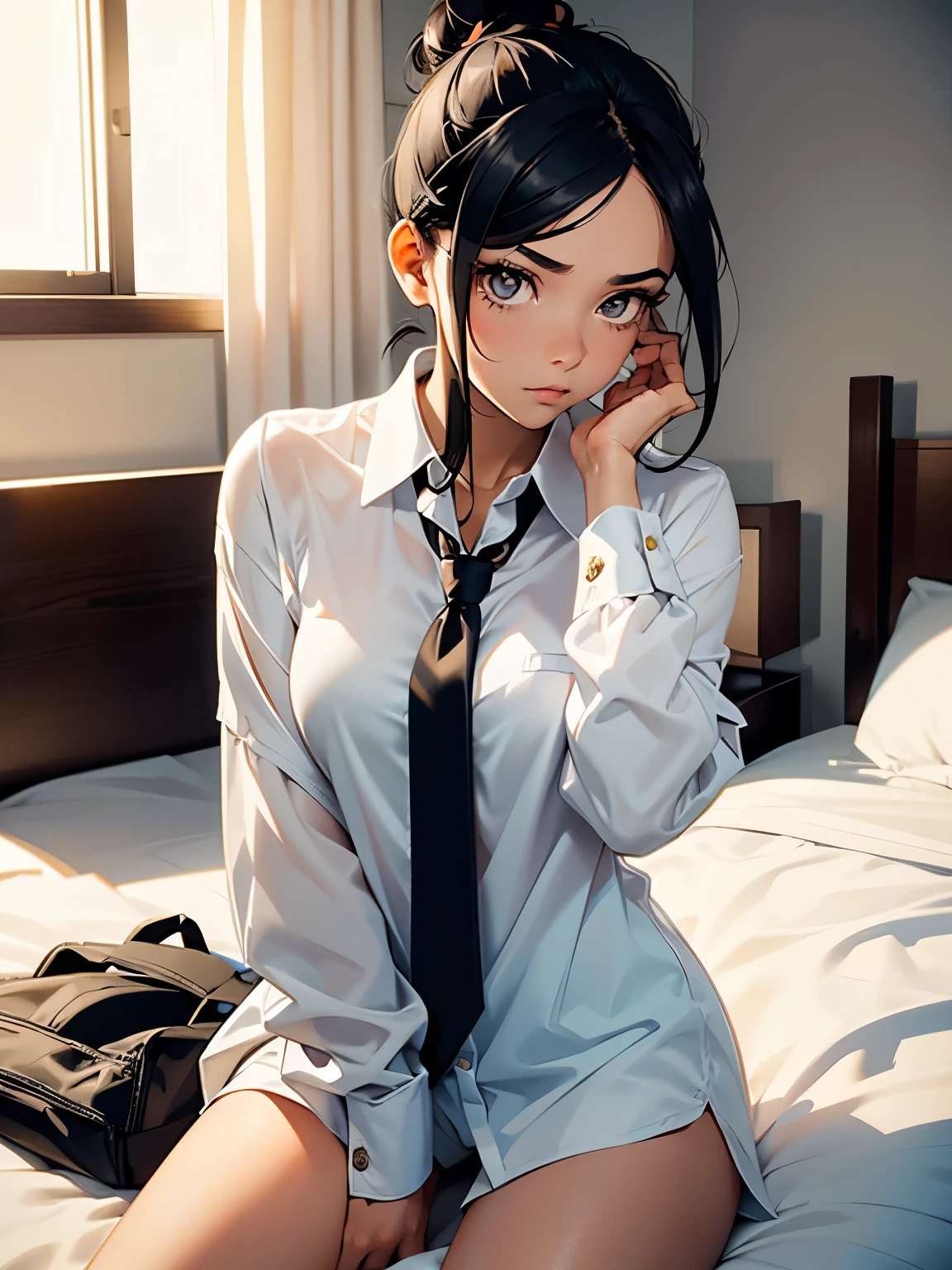 (masterpiece)(high resolution) A girl with short brown-black hair tied up in a bun with a hair clip. The hair is asymmetrical and completely covers one side of her face. You cannot see one of her eyes. She has a serious look, with solid black pupils and eyeliner and long eye lashes. she is wearing a white office shirt with a black necktie. She is wearing no pants and has black underwear. Sitting on a bed in a hotel room