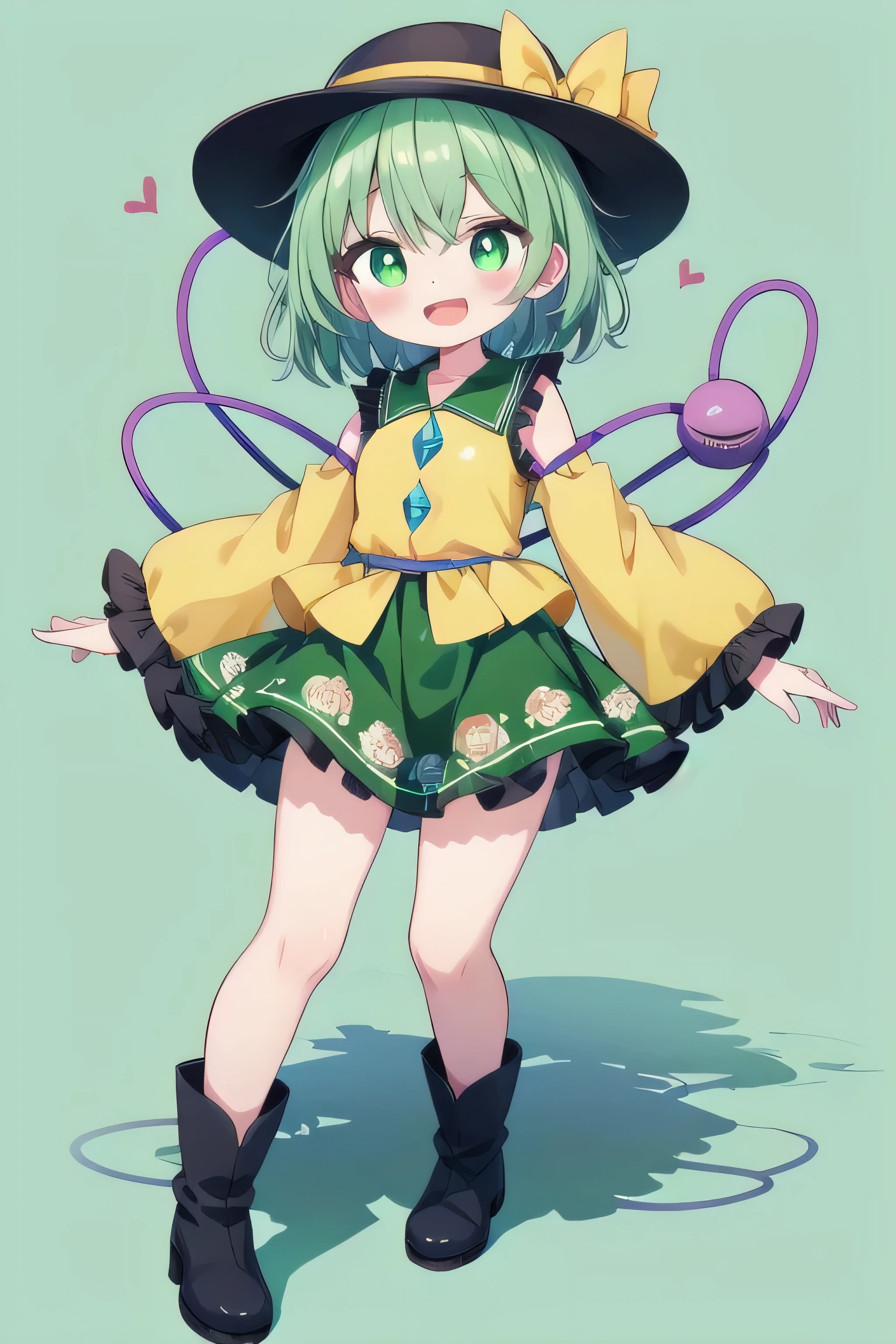 masterpiece, top quality, super detailed, CG illustration, high resolution, better lighting, best shadows, very delicate and beautiful, proper shading, hd, 8k,komeiji koishi, 1girl, solo, smile, short hair, open mouth, skirt, shirt, long sleeves, hat, ribbon, green eyes, full body, :d, heart, boots, frills, green hair, wide sleeves, black footwear, black headwear, floral print, hat ribbon, frilled sleeves, blouse, green skirt, third eye, bright pupils, green background, white pupils, yellow shirt, yellow ribbon, heart of string, rose print