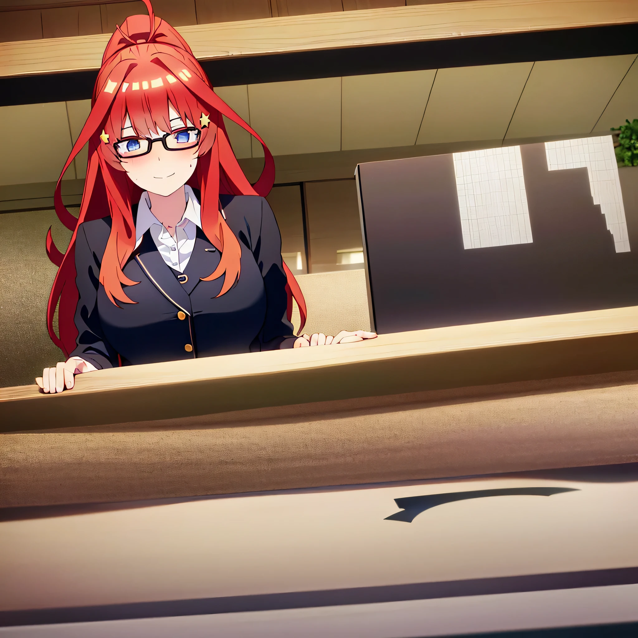 , , mksks style, detailed background, 1 girl, alone, Itsuki Nakano, aged, mature female, star hair ornament, long hair, red hair, Choke, bangs, hair amazing eyes, ponytail, blue eyes, big breasts , Office girl, red glasses, bottom, black suit jacket, collared jacket, white dress shirt, collared shirt, neckline, buttons, lanyard, ID card on the neck, black pencil skirt, black pantyhose, smile, blushing, looking at viewer,pov(from below), seductive, embarrassed, office, desk, computer, interior, ((sweat blushing, large breasts, medium waist, wide hips, medium thighs, good anatomy good hands,sitting cross leg