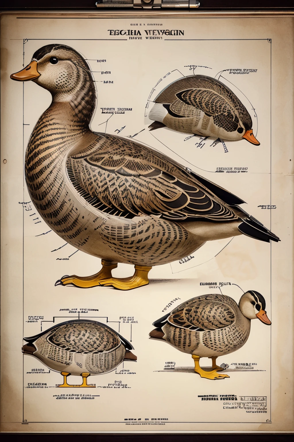 Highly detailed technical drawing of a duck The illustrations should include a side view, cross-sections, and exploded views to show both the exterior and interior organs. Labeled parts with annotations specifying materials, dimensions, and other anatomic specifications. Style vintage engineering blueprint, and educational intent