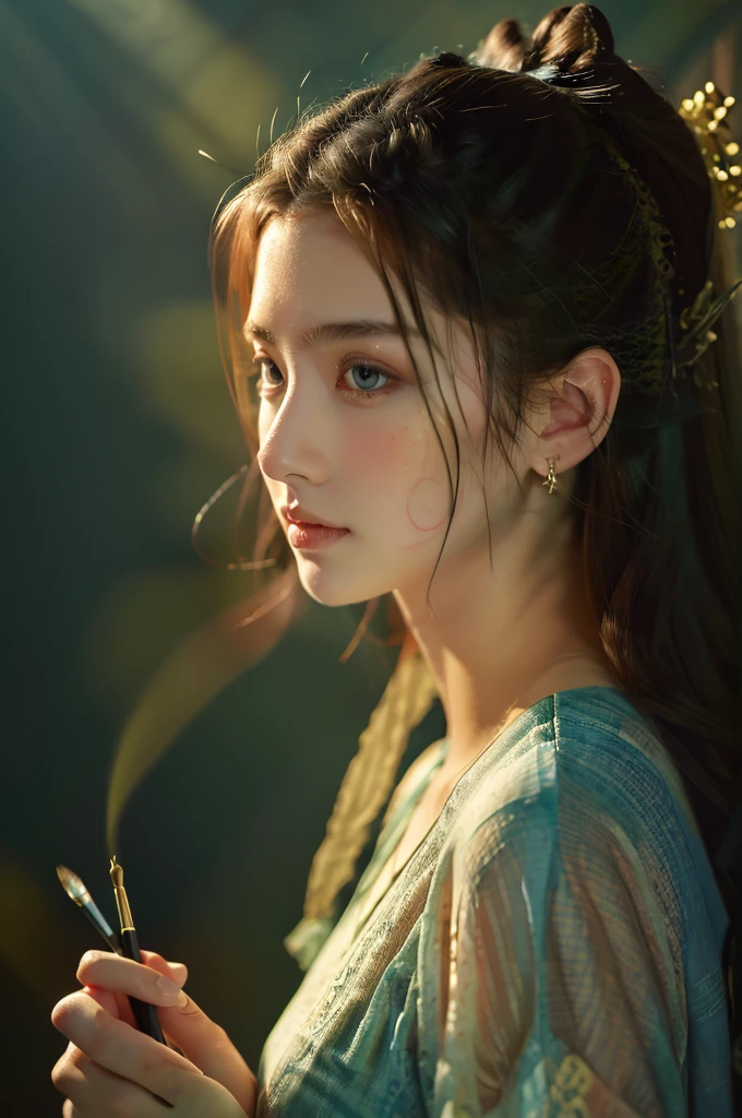 ( masterpiece, top quality, best quality,8k,************ girl,ultra detailed,raw photo:1.5),(photorealistic:1.4),(cinematic lighting), PerfectNwsjMajic, , Surrealism, UHD, ccurate, Super detail, textured skin, High detail, Best quality, dynamic angle, (high nose,White skin),[Beautiful blue eyes],(1girl),(good anatomy:0.5)), dunhuang_style, Dreamy atmosphere,expressive brush strokes, mystical ambiance, Artistic interpretation, a whimsical illustration, Subtle colors and tones,