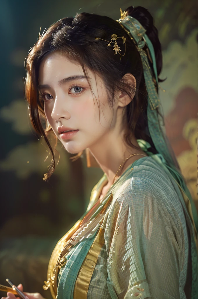 ( masterpiece, top quality, best quality,8k, girl,ultra detailed,raw photo:1.5),(photorealistic:1.4),(cinematic lighting), PerfectNwsjMajic, , Surrealism, UHD, ccurate, Super detail, textured skin, High detail, Best quality, dynamic angle, (high nose,White skin),[Beautiful blue eyes],(1girl),(good anatomy:0.5)), dunhuang_style, Dreamy atmosphere,expressive brush strokes, mystical ambiance, Artistic interpretation, a whimsical illustration, Subtle colors and tones,