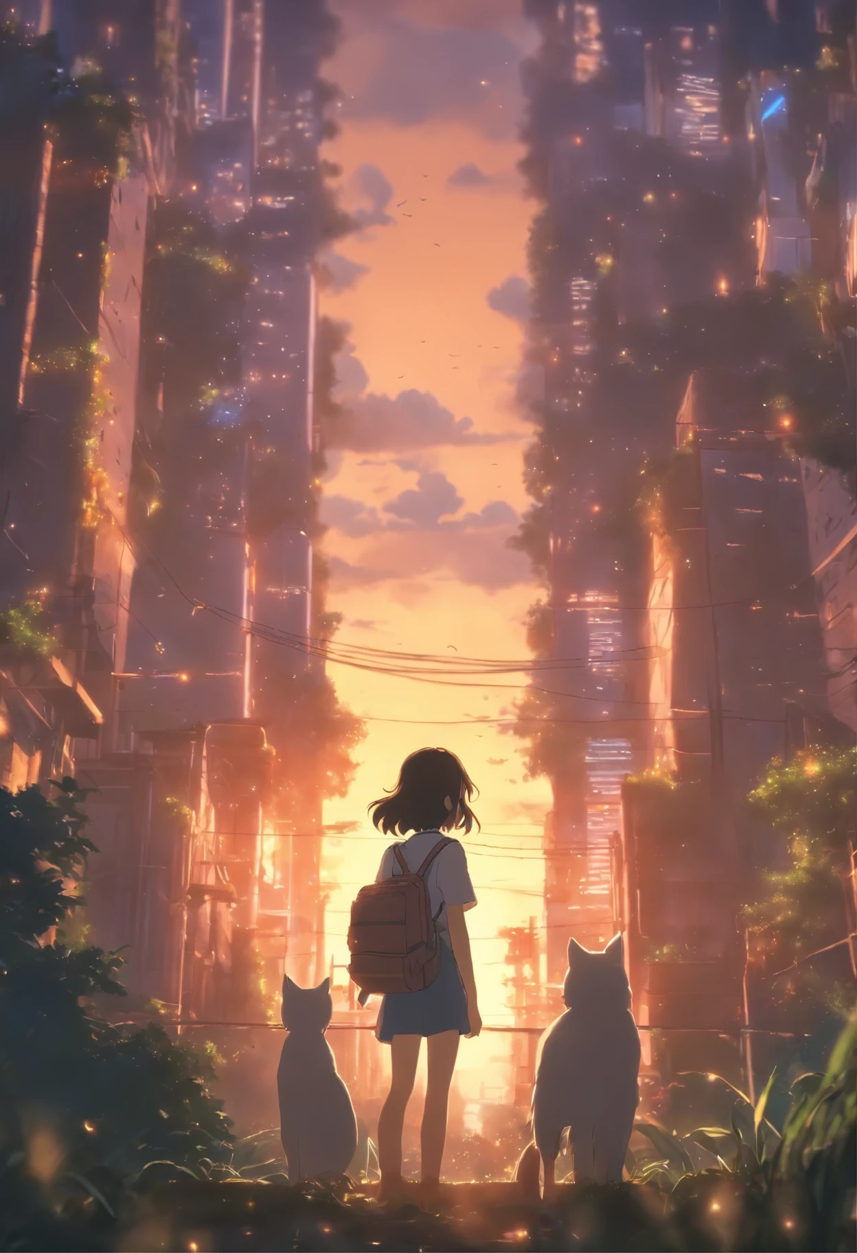 (8K、Raw photo、highest quality、look up:1.2、masterpiece:1.2、Genuineistic、Ultra-high resolution、High Contrast、Photon Mapping、Genuine、Very detailed、Official Art, Raw photo、professional Lighting、 Light、Vivid atmosphere、twiceLight)
This anime scene、While having the atmosphere of a work directed by Makoto Shinkai,、Expresses a post-apocalyptic worldview。A girl with a backpack looking at the city skyline from the forest、It is reminiscent of emotional scenes like Makoto Shinkai's works.。
High-rise buildings in the city are covered with trees from the walls and windows々pops out、The building is covered like a lush jungle.、It depicts a futuristic landscape where nature and the city are fused.。A city bathed in bright sunlight、It suggests a bright and hopeful future.。
A girl trying to enter a building in the city、It symbolizes young people trying to break out into society.。and、The pure white cat that is nestled next to me、As a familiar presence、Watching the girl's journey。
This scene、Following the style of director Makoto Shinkai、I am drawing a post-apocalyptic animation with a unique world view.。