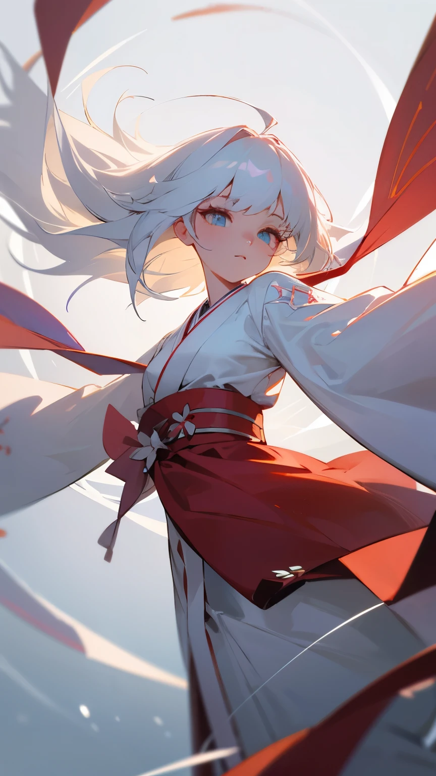 (Surrealism), (photo), (high resolution), (8K), (High Detail), (Best Illustration), (Beautiful and delicate eyes), (Beautiful and delicate face), (Top quality), (Super detailed), (masterpiece), (wallpaper), (Extremely detailed face), Miko costume,Miko costume,,kimono,kimono,White hair,White hair,White hair,Bangs,Bangs,,gentle,Dance,Big perspective action,whole body,whole body,White hair,kimono
