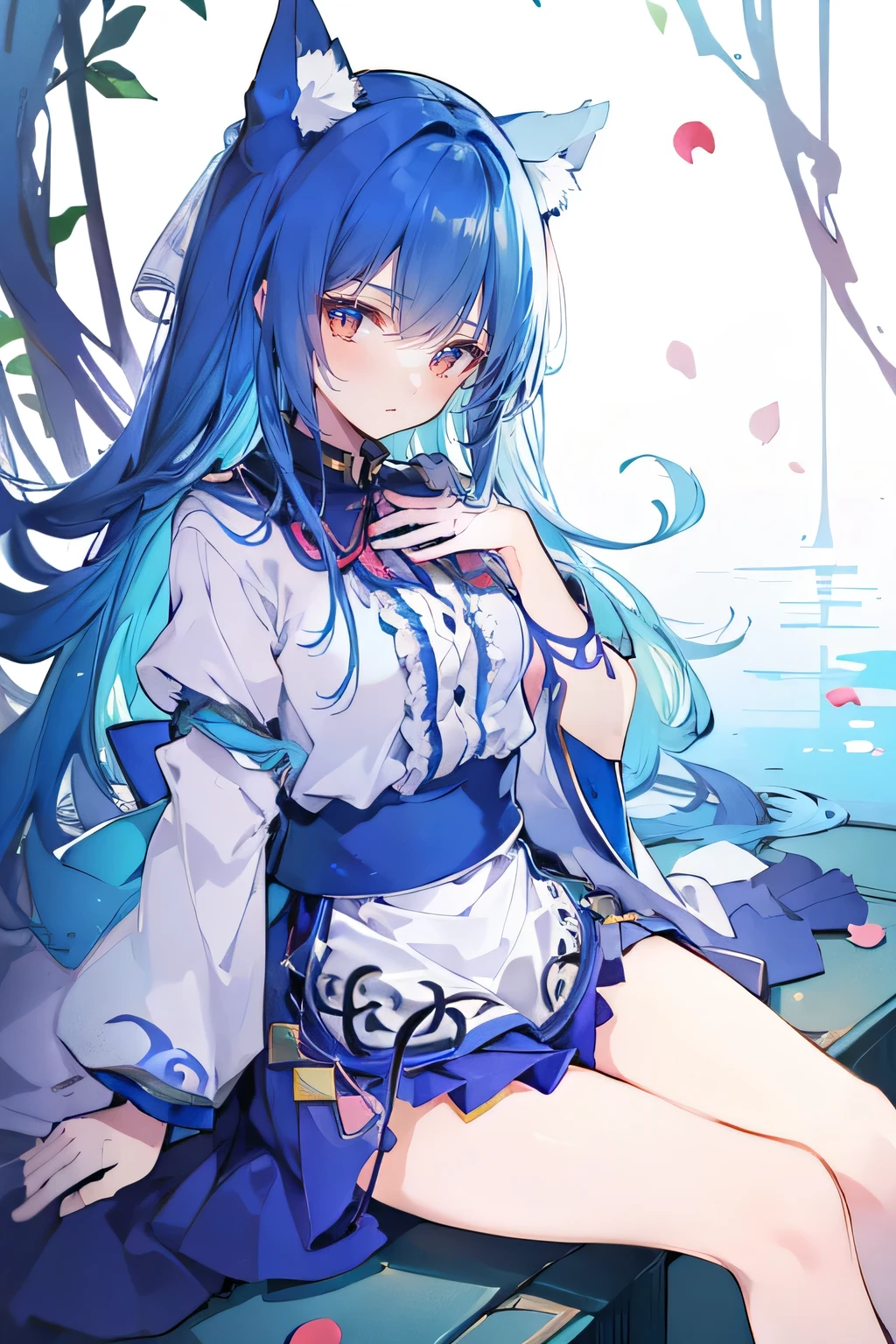 (masterpiece:1.2),ultra-detailed,realistic,expressive eyes,fair-skinned,perfectly shaped face,1girl,
Japanese cartoons,Gorgeous blue hair, flowing blue hair,floating clothes,cat ears,petals falling,beautiful Lola,Hina Angel,
hands on waist,gracefully sitting on the ground,legs crossed,gentle and serene background,cool and comfortable pavilion.