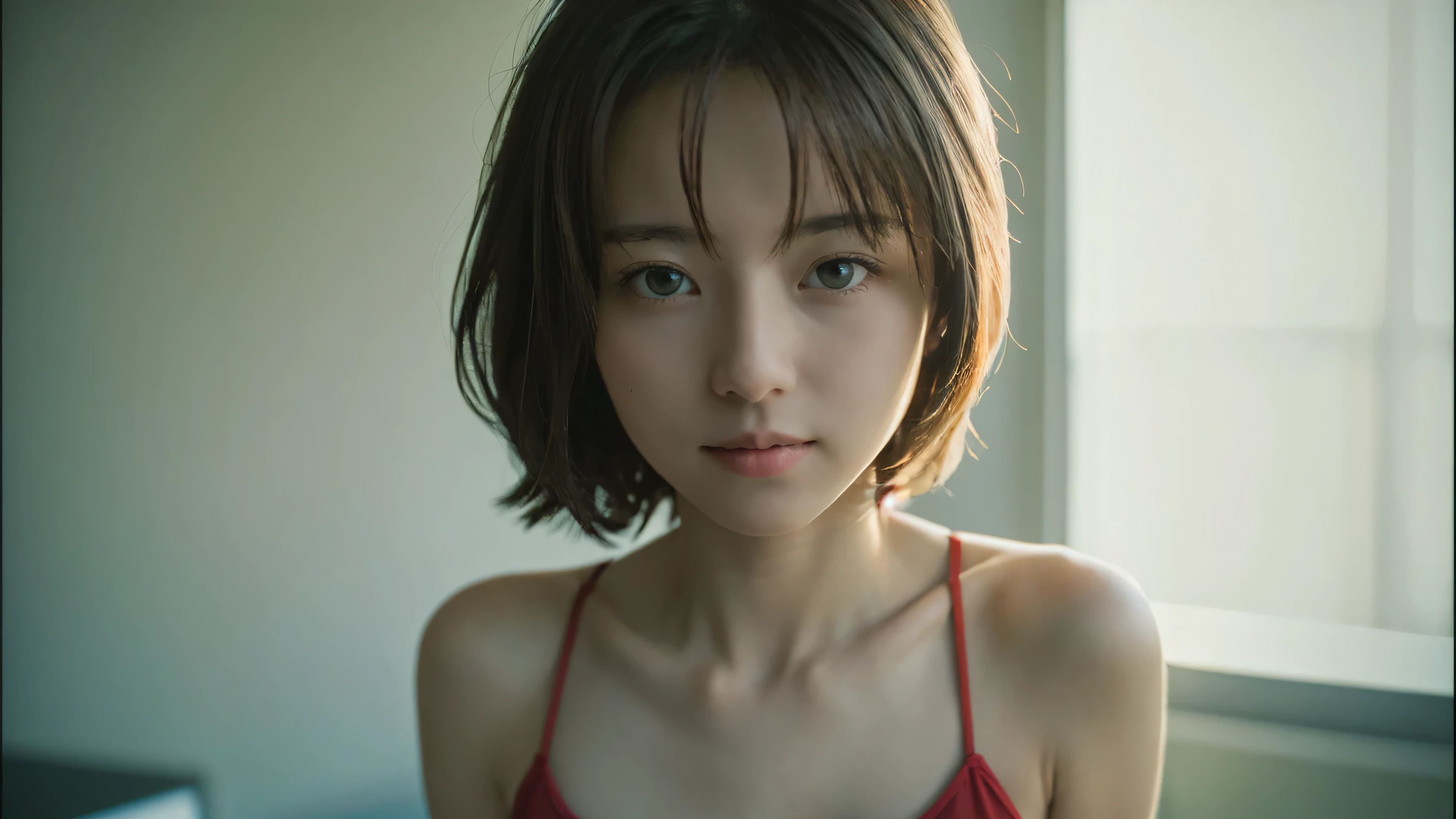 cute 21 year old japanese、kitchen、black underwear、Tank top、date、date、super detail face、pay attention to details、double eyelid、beautiful thin nose、sharp focus:1.2、Beautiful woman:1.4、(light brown hair,short hair、),pure white skin、highest quality、masterpiece、超A high resolution、(Photoreal:1.4)、、