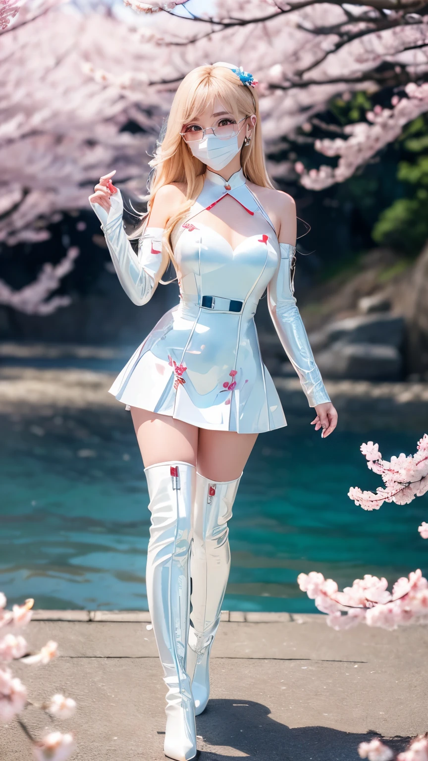 Taiwanese idol girl Blonde with bangs ((Rimless glasses)) Large Breasts Big eyes ((White Face Mask)) ((Sunset, the sea and lots of cherry blossoms)) ((Racing team bodycon dress made from shiny white and blue patent leather with sponsor lettering.)) ((Enamel Knee High Boots)) 8K glamorous Soft lighting ((A large amount of falling cherry blossom petals))