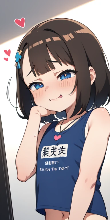 1 girl,heart-shaped pupils, put your hand on your face, (brown hair), (blue eyes), (short hair), ((hime hair)) (blush:1.1), necklace, Upper body, trembling, Sweat, Sweatdrop, heart, (speed line:1.1), ((Flat milk)), ((heavy breathing:1.3)), like, heart, blue croptop, Happy, embarrassed, ((embarrased expression)), Yandere, (()), blue string bikini bottoms, (YOUNG)