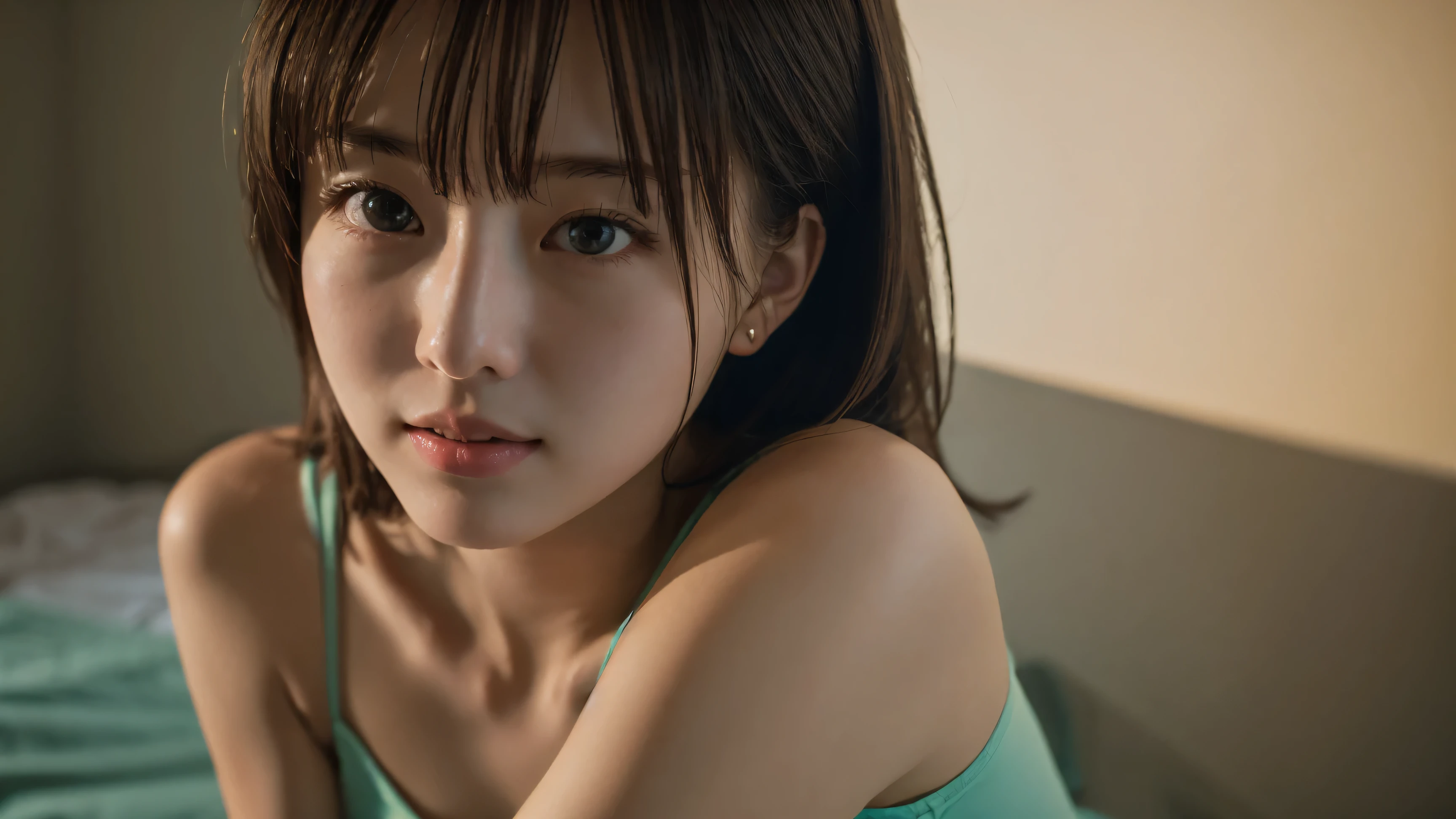 (Masterpiece, highest quality: 1.4), girl, solo, beautiful face, 8k, absurd, upper body, one-shoulder red camisole, looking at camera, big breasts, light makeup, chromatic aberration, sharp focus, bright and sophisticated, (smile: 0.5) ) ), room, interior, gentle light [:detail face:10]