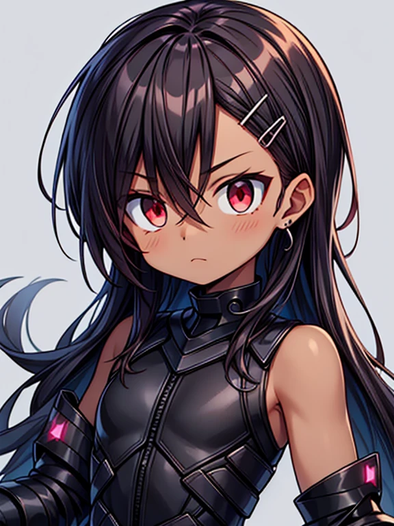 Masterpiece High res, high definition, (((dark skin tone))),dark skin male, dark skin, cute shota,red eyes, black hairpin, brown hair, medium dark brown hair,wearing a black exoskeleton, detached sleeves, black armoured Gauntlets, black tech jacket, black bodysuit,black exoskeleton, black fingerless gloves, blue gems, close up
