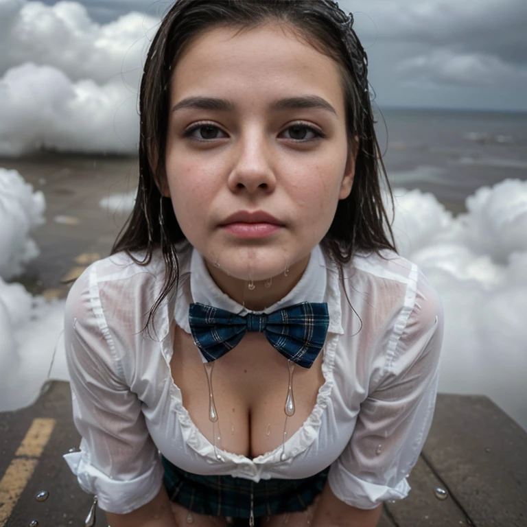 (highest quality、8k、High resolution、masterpiece:1.ung and beautiful woman、(Correct Anatomy)、(kneel)、(Look up)、(Close ~ eyes:1.5)、(White Shirt、A bow tie、Tartan check mini skirt、)、(A large amount of cloudy liquid:1.55)、(Wet Face:1.5)、huge breasts、Shot from above、