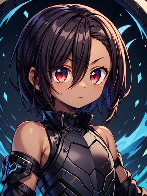 Masterpiece High res, high definition, (((dark skin tone))),dark skin male, dark skin, cute shota,red eyes, black hairpin, brown hair, medium dark brown hair,wearing a black exoskeleton, detached sleeves, black armoured Gauntlets, black tech jacket, black bodysuit,black exoskeleton, black fingerless gloves, blue gems, close up