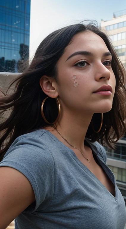 ((Pre-teen)), beautiful black girl, model body, freckles on face, crying, big blue eyes, small breasts, long legs, big hoop earrings, big men's shirt, top shot, black girl, long hair, wavy hair, on top of a building looking down, photorealistic, indirect lighting, volumetric light, ray tracing, hyper-detailed, best quality, ultra-high resolution, HDR, 8k