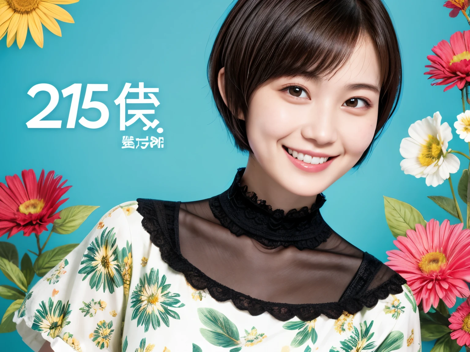 215 Short Hair, 20-year-old woman, A kind smile, Floral