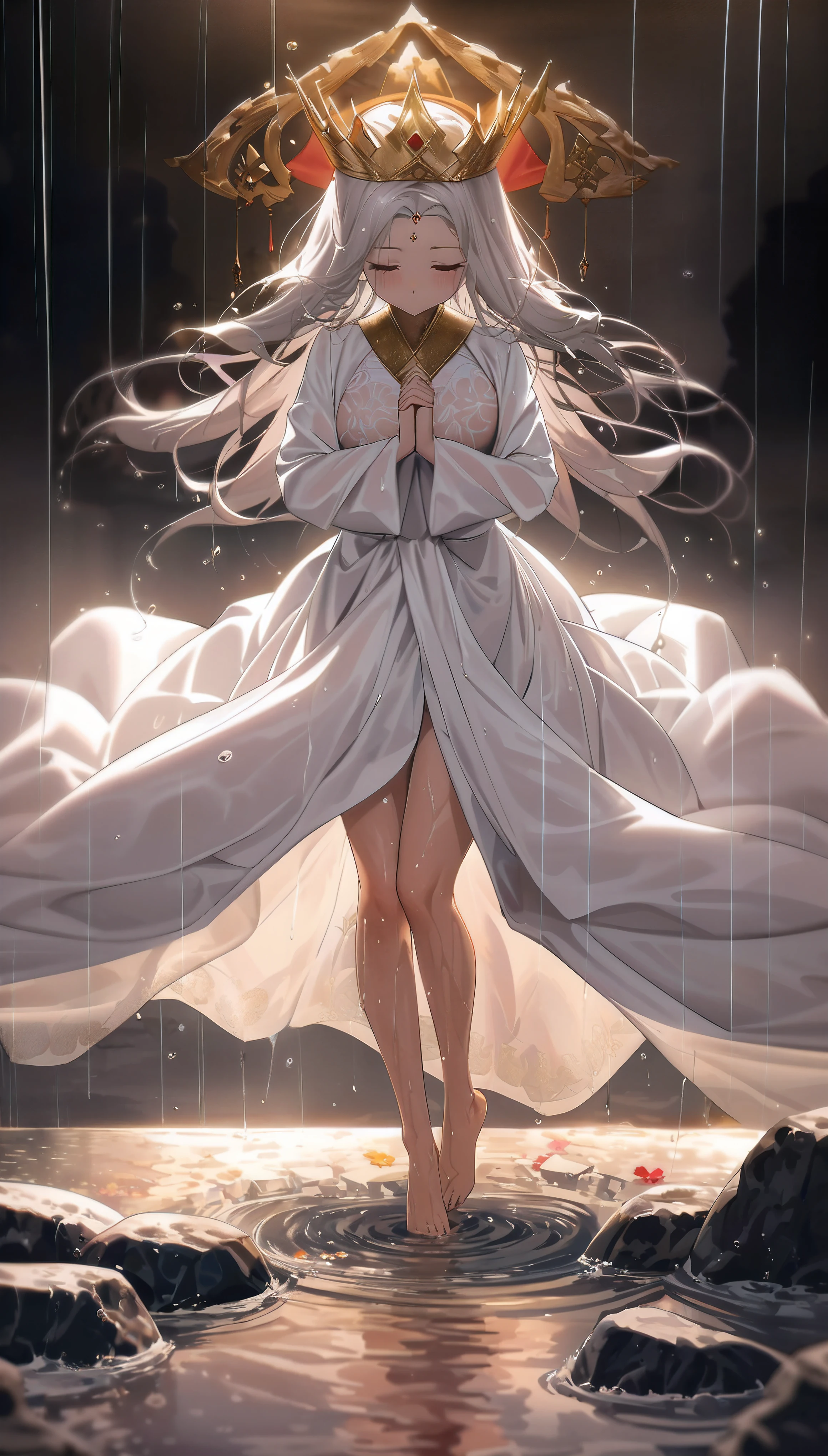 A girl in a white dress standing in the water, wearing a golden crown, flowing white robe, anime goddess, flowing hair and robe, white-haired deity, flowing magical robe, anime girl walking on the water, flowing robe, clad in white robes, beautiful anime artwork, wearing flowing robes, beautiful anime art, floating robe, guweiz