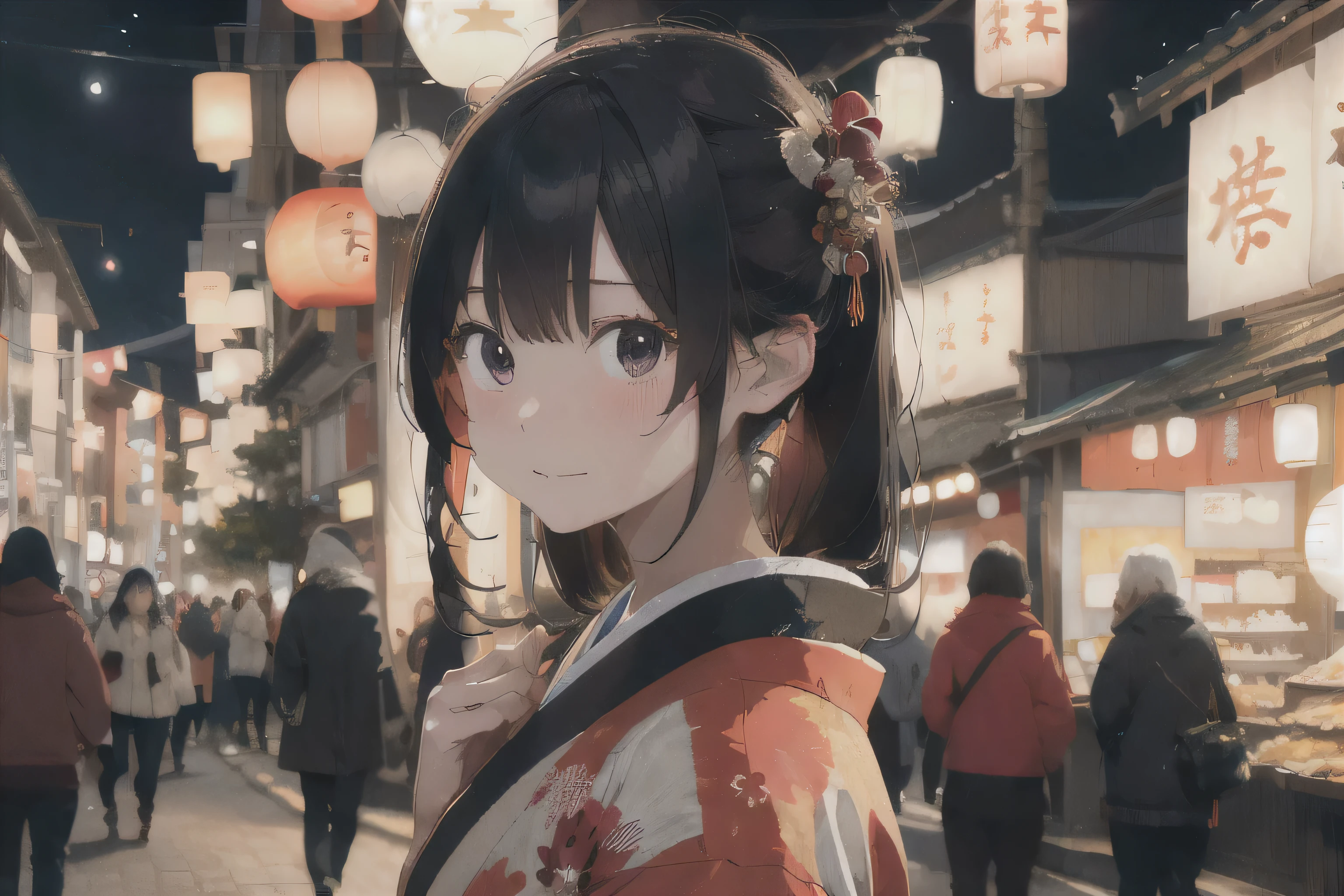 Create an image of an anime-style girl with long black hair wearing a traditional Japanese kimono. She is standing in front of a lit street on a festive night, filled with lanterns and bustling crowds. Warm light emanates from the lanterns and the atmosphere is vibrant. The scene suggests a festive evening in a historical Japanese setting. The entire scene should evoke a sense of beauty and cultural richness.