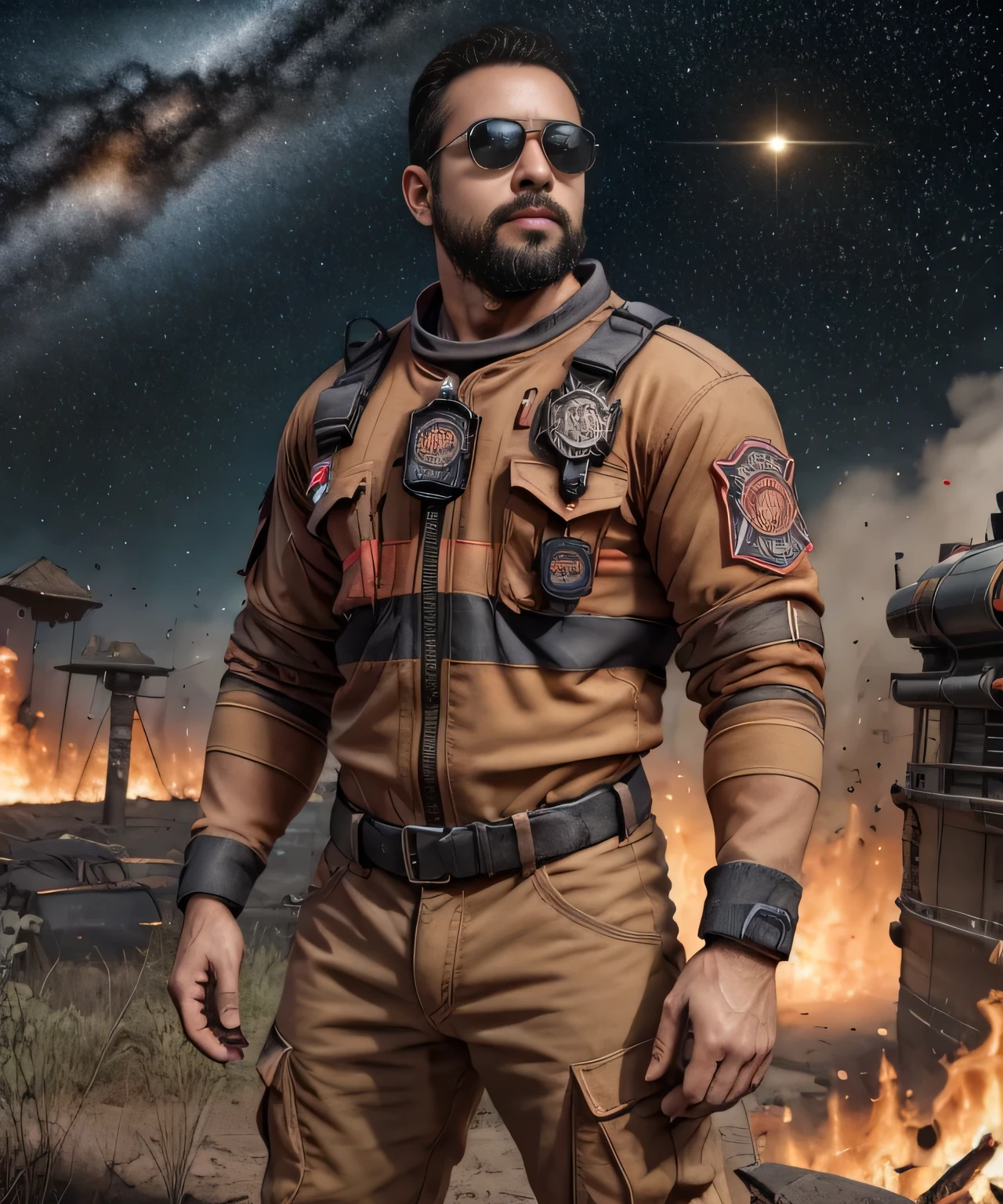 Obra maestra, desenfoque de campo, Parte superior del cuerpo, Hands in pants pockets, 38 year old chubby man with beard and square sunglasses.. Man in firefighter shirt in a space movie with a solar explosion in the background.