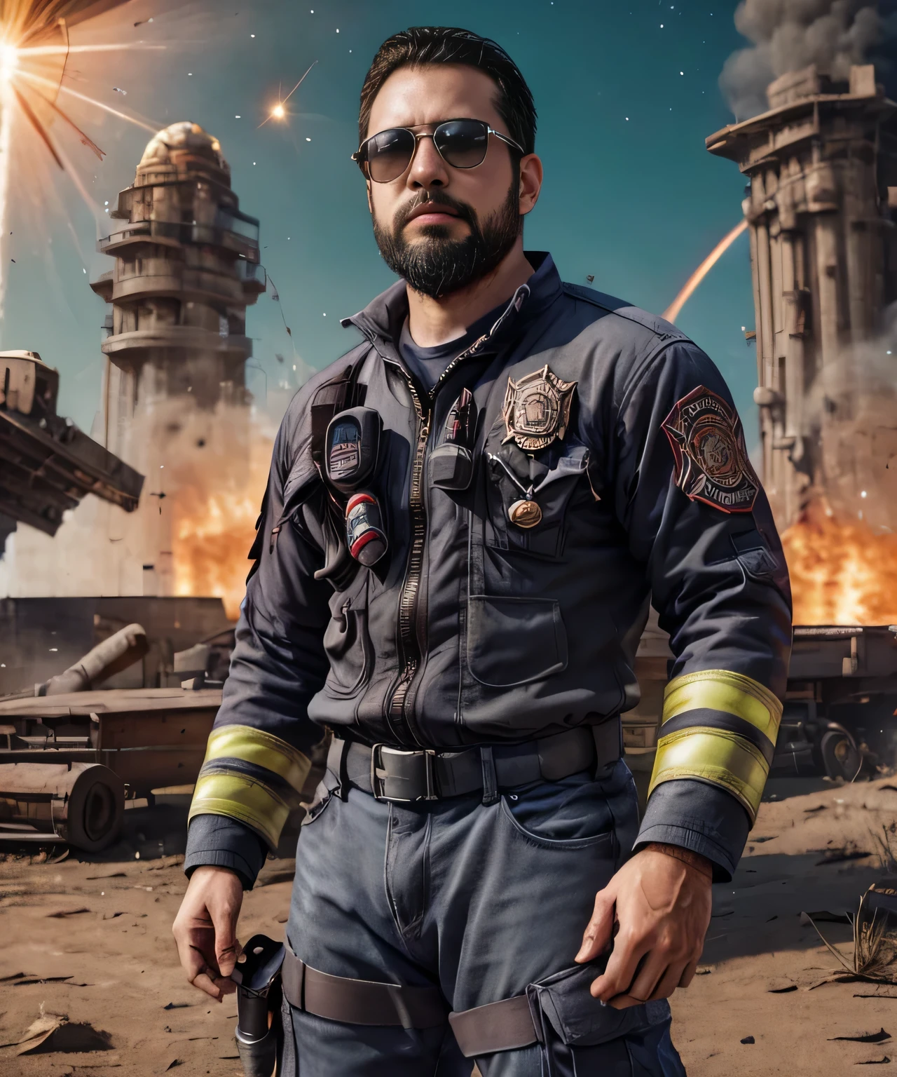 Obra maestra, desenfoque de campo, Parte superior del cuerpo, Hands in pants pockets, 38 year old chubby man with beard and square sunglasses.. Man in firefighter shirt in a space movie with a solar explosion in the background.