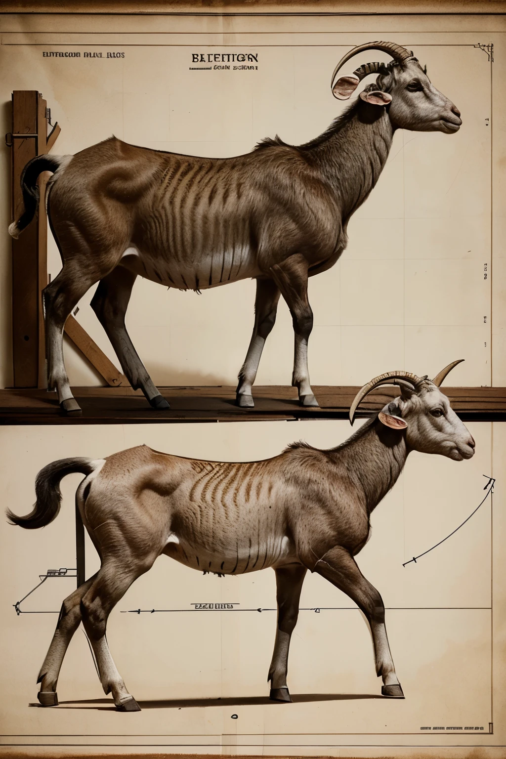 Highly detailed technical drawing of a goat and a lamb  The illustrations should include a side view, cross-sections, and exploded views to show both the exterior and interior organs. Labeled parts with annotations specifying materials, dimensions, and other anatomic specifications. Style vintage engineering blueprint, and educational intent