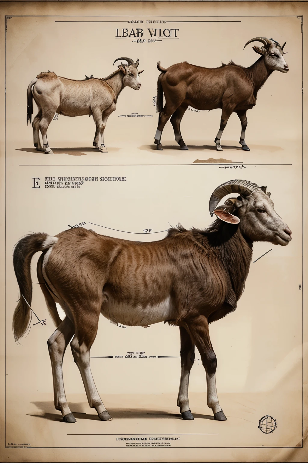 Highly detailed technical drawing of a goat and a lamb The illustrations should include a side view, cross-sections, and exploded views to show both the exterior and interior organs. Labeled parts with annotations specifying materials, dimensions, and other anatomic specifications. Style vintage engineering blueprint, and educational intent