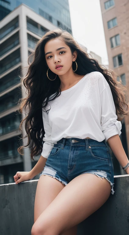 ((Pre-teen)), beautiful black girl, model body, freckles on face, crying, big blue eyes, small breasts, long legs, big hoop earrings, big men's shirt, top shot, black girl, long hair, wavy hair, on top of a building looking down, photorealistic, indirect lighting, volumetric light, ray tracing, hyper-detailed, best quality, ultra-high resolution, HDR, 8k