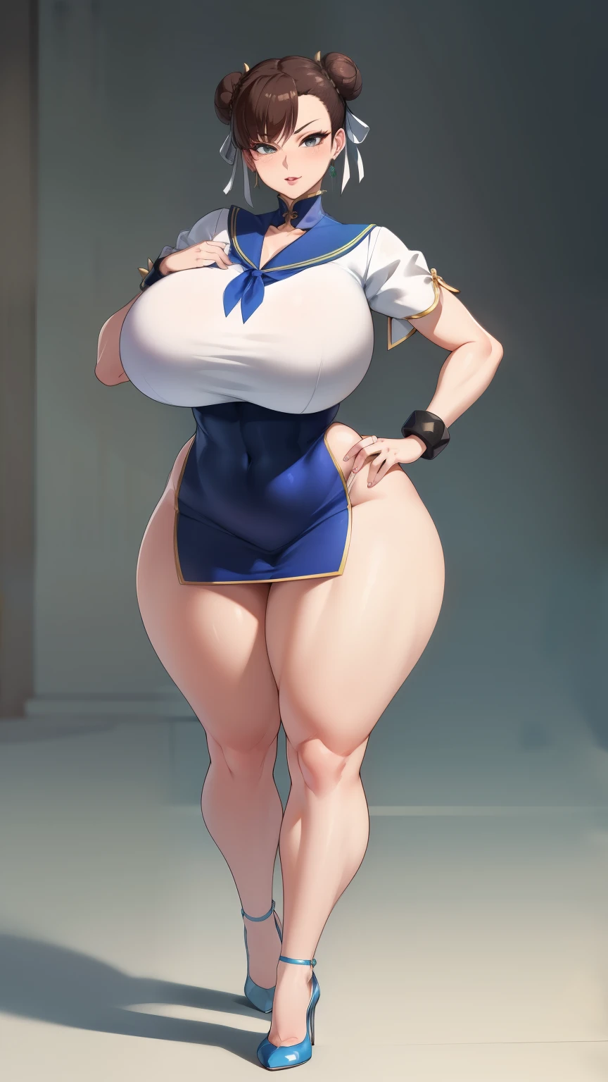 Big Breasts, Big Hips, Full Body Shot, Mature mother, Voluptuous thighs, A cow, Seductive mature woman, Perfect body, Plus Size Model, Sailor suit, Wearing high heels,Miniskirt Uniform, Chunli,