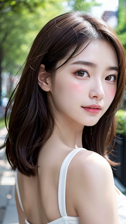 With the alleys of Kyoto in the background、18-year-old girl、independent、look forward to、Light eye makeup、Brown Hair Color、flat 、Hair blowing in the wind、Quality of actress、Shiny, Ultra-realistic faces、smileの表情、Watery eye、look up、Pleasant lighting effects、 Ultra-Realistic Capture、Very detailed、High resolution 16k human skin closeup。Skin texture must be natural、Must be so detailed that pores are visible、skin is healthy、There must be a unified tone、Use natural light and color、High quality photos taken by modeling agencies'Exclusive photographer、smile