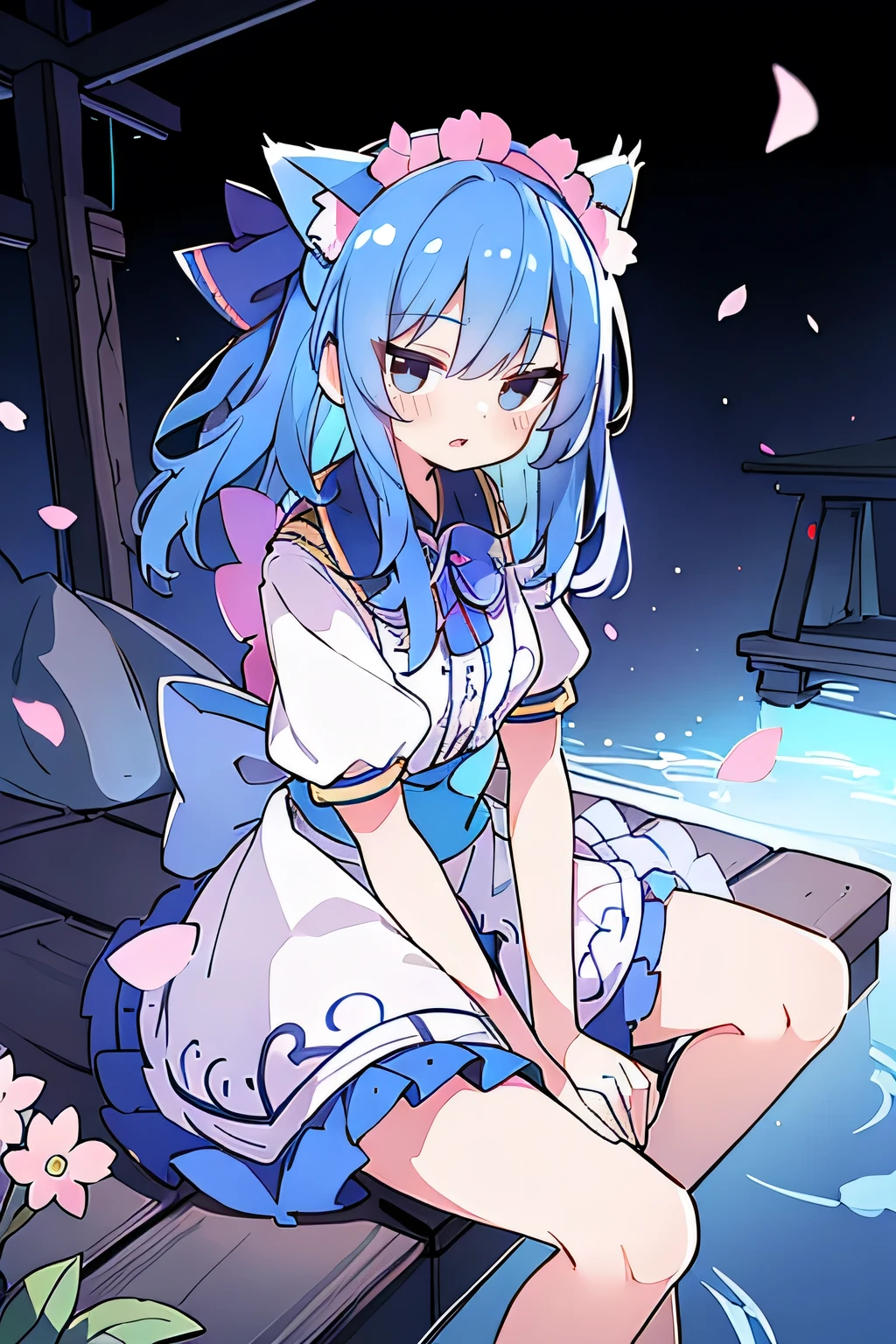 (masterpiece:1.2),ultra-detailed,realistic,expressive eyes,fair-skinned,perfectly shaped face,1girl,
Japanese cartoons,Gorgeous blue hair, flowing blue hair,floating clothes,cat ears,petals falling,beautiful Lola,Hina Angel,
hands on waist,gracefully sitting on the ground,legs crossed,gentle and serene background,cool and comfortable pavilion.