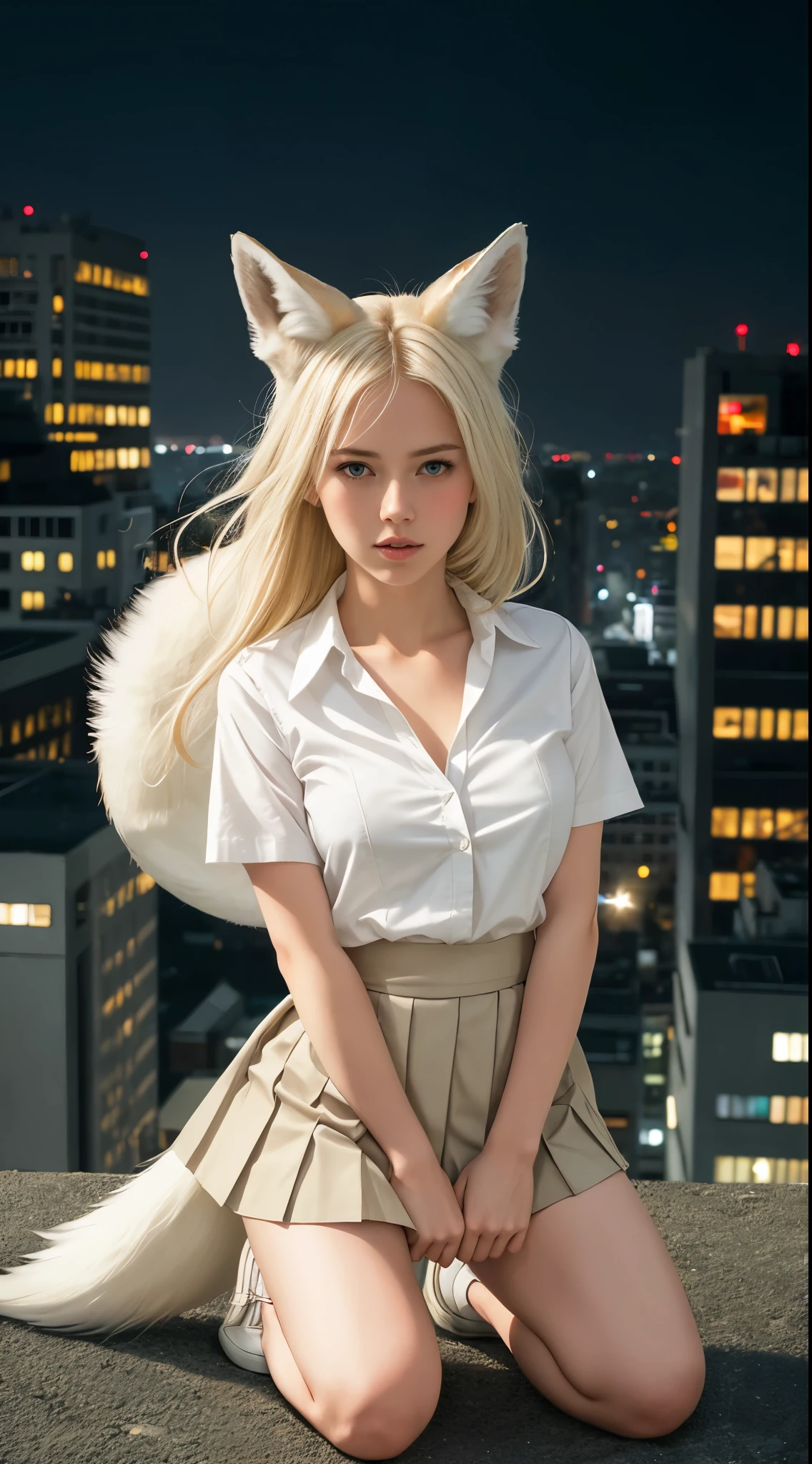 1girl, ebenya, looking at viewer, white hair, neko, cat ears, cat tail, white shirt, open clothes, russian city, ba-shiroko