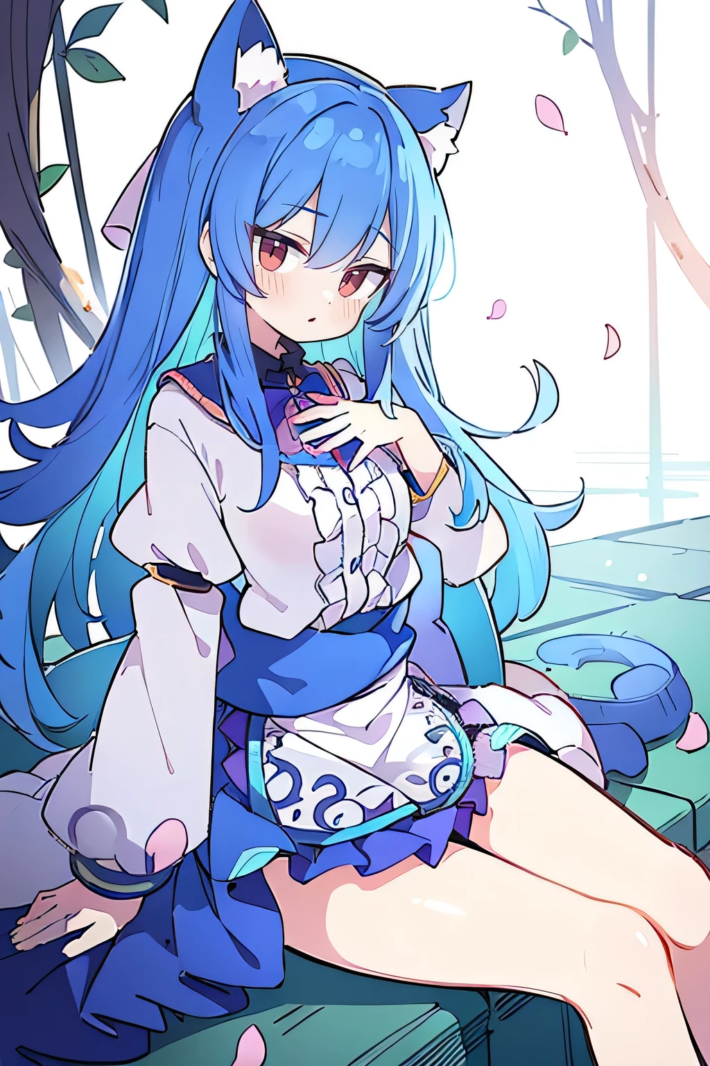 (masterpiece:1.2),ultra-detailed,realistic,expressive eyes,fair-skinned,perfectly shaped face,1girl,
Japanese cartoons,Gorgeous blue hair, flowing blue hair,floating clothes,cat ears,petals falling,beautiful Lola,Hina Angel,
hands on waist,gracefully sitting on the ground,legs crossed,gentle and serene background,cool and comfortable pavilion.