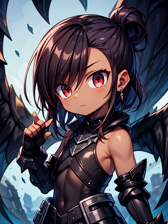 Masterpiece High res, high definition, (((dark skin tone))),dark skin male, dark skin, cute shota,red eyes, black hairpin, brown hair, medium dark brown hair,wearing a black exoskeleton, detached sleeves, black armoured Gauntlets, black tech jacket, black bodysuit,black exoskeleton, black fingerless gloves, blue gems, close up
