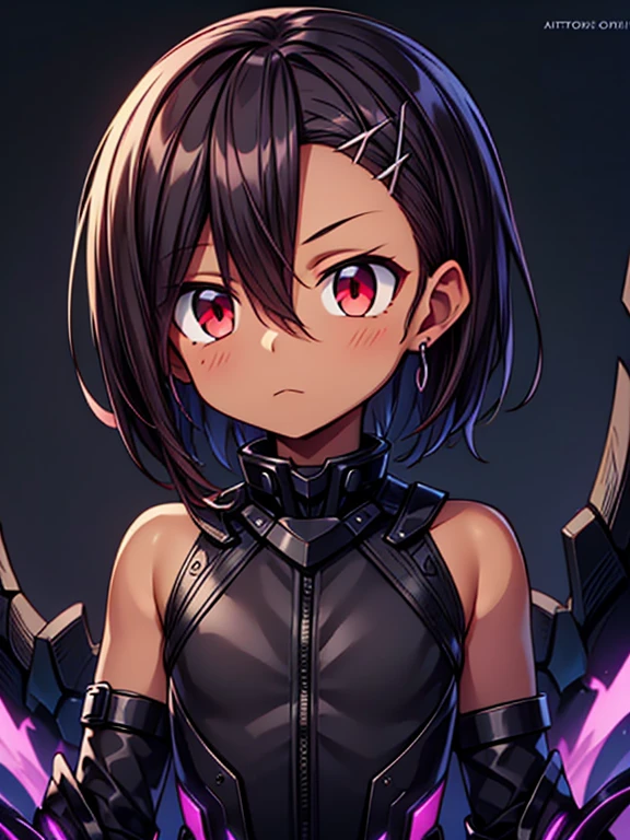Masterpiece High res, high definition, (((dark skin tone))),dark skin male, dark skin, cute shota,red eyes, black hairpin, brown hair, medium dark brown hair,wearing a black exoskeleton, detached sleeves, black armoured Gauntlets, black tech jacket, black bodysuit,black exoskeleton, black fingerless gloves, blue gems, close up