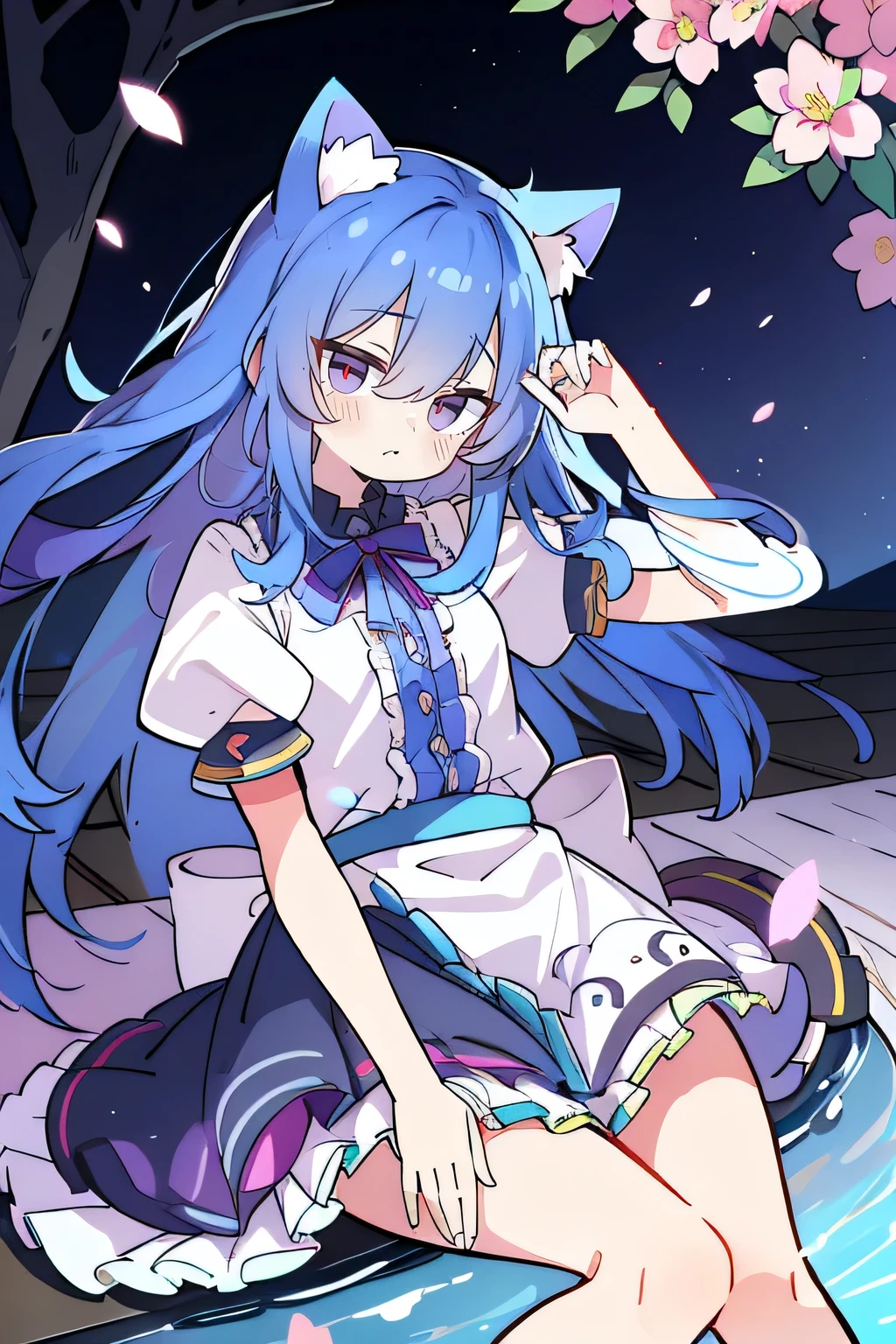 （masterpiece：1.2），Super detailed，lifelike，Expressive eyes，fair skin，perfect face shape，1 girl，
Japanese comics,Gorgeous blue hair,flowing blue hair,flowing clothes,Cat ears,Petals fall,beautiful lola,Baby Angel,
Shaking head with one hand，Lying gracefully on the ground，Cross your legs，Gentle and peaceful background，The pavilion is cool and comfortable。