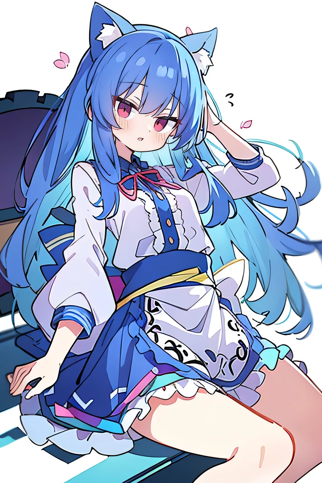 (masterpiece:1.2),Super detailed,lifelike,Expressive eyes,fair skin,perfect face shape,1 girl,
Japanese comics,Gorgeous blue hair,flowing blue hair,flowing clothes,Cat ears,Petals fall,beautiful lola,Baby Angel,
Shaking head with one hand,Lying gracefully on the ground,Cross your legs,Gentle and peaceful background,The pavilion is cool and comfortable。
