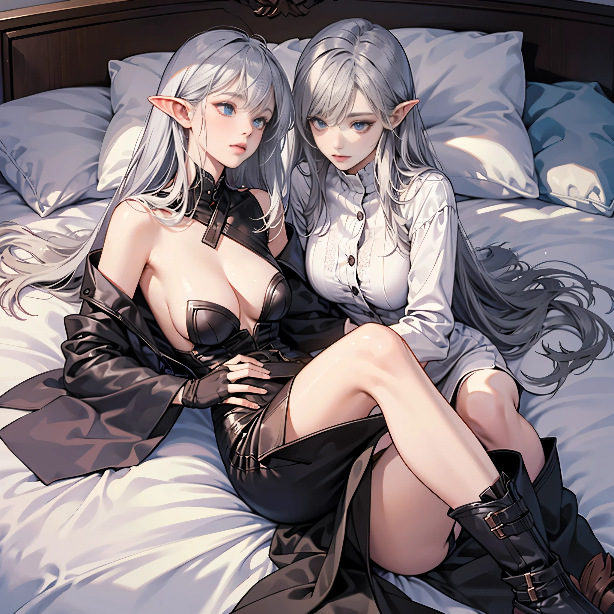 DARK ELF FEMALE, silver long hair, no hands, on bed