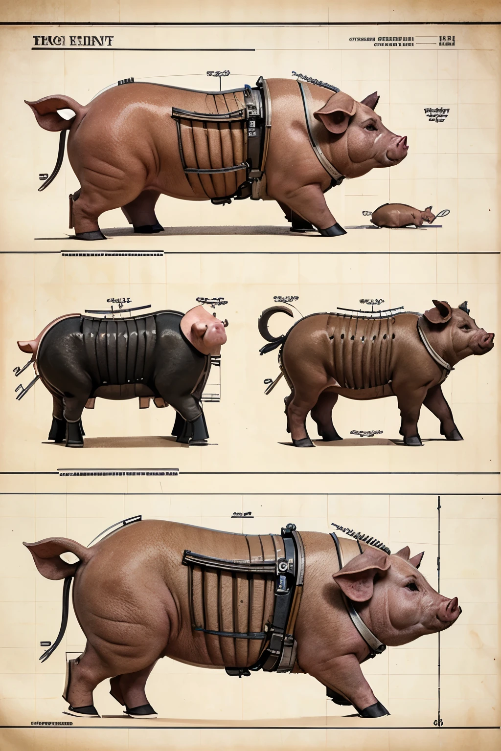 Highly detailed technical drawing of a pig and two piglets  The illustrations should include a side view, cross-sections, and exploded views to show both the exterior and interior organs. Labeled parts with annotations specifying materials, dimensions, and other anatomic specifications. Style vintage engineering blueprint, and educational intent