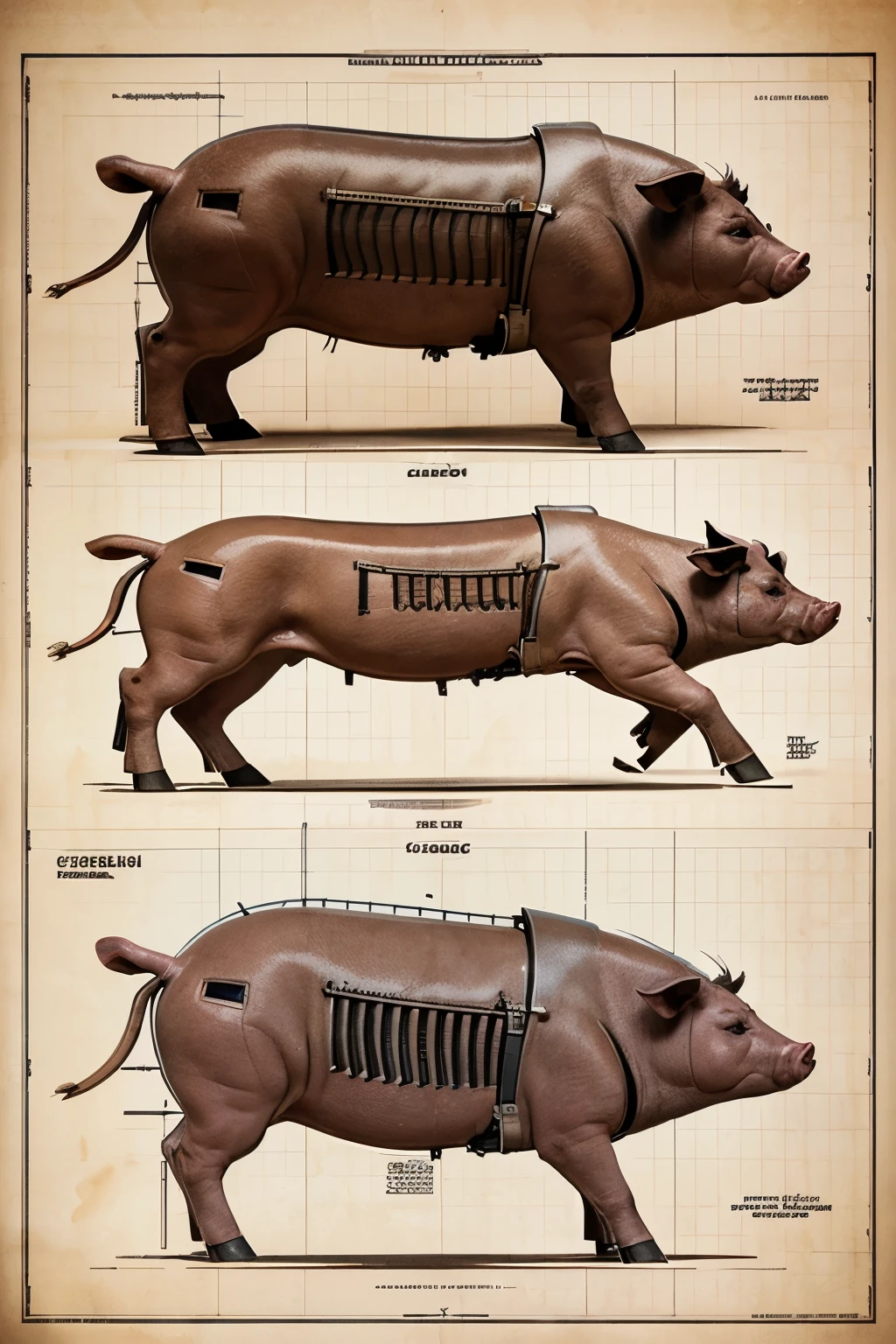 Highly detailed technical drawing of a pig and two piglets  The illustrations should include a side view, cross-sections, and exploded views to show both the exterior and interior organs. Labeled parts with annotations specifying materials, dimensions, and other anatomic specifications. Style vintage engineering blueprint, and educational intent