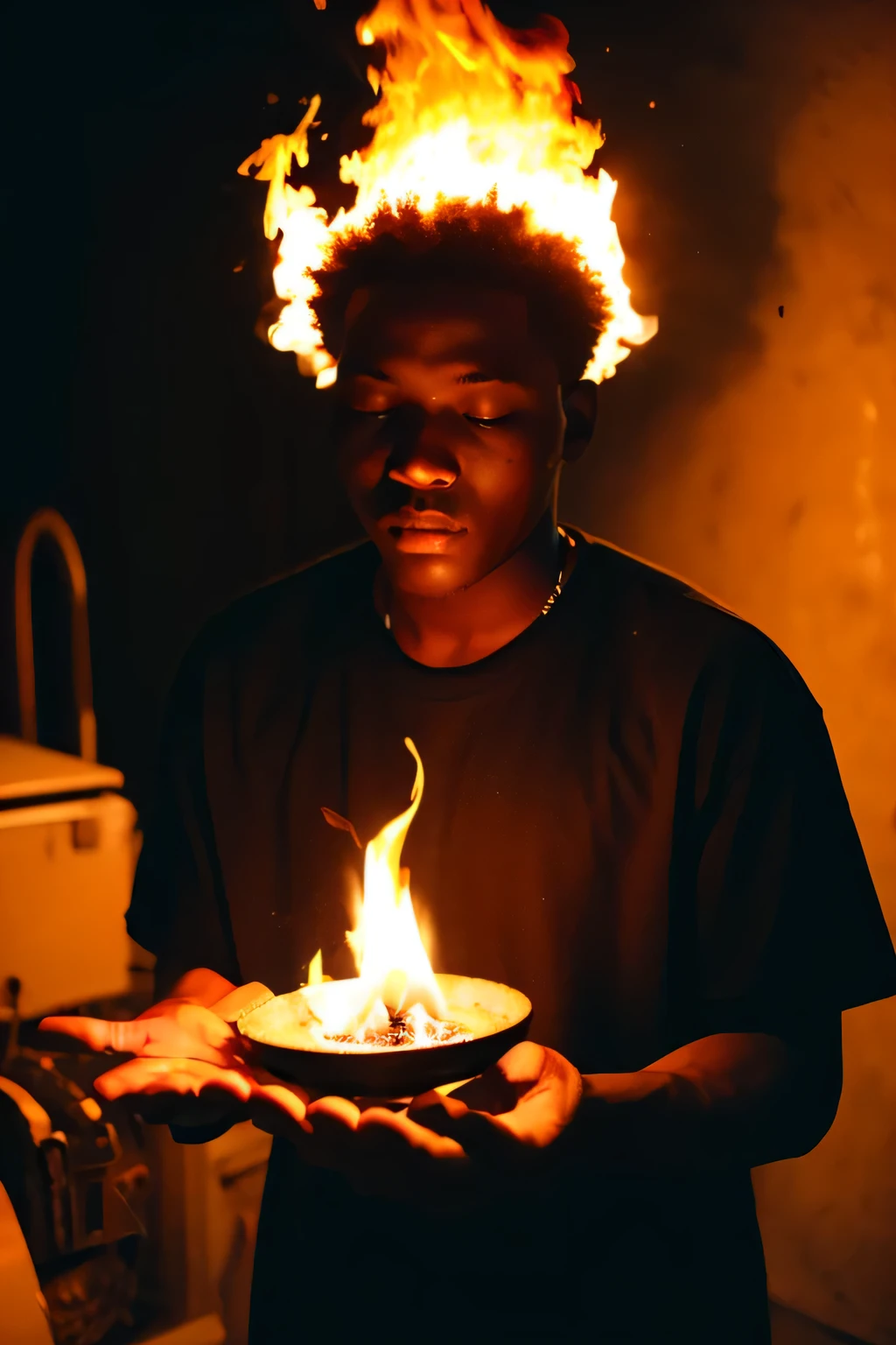 A black person producing flames in his hands