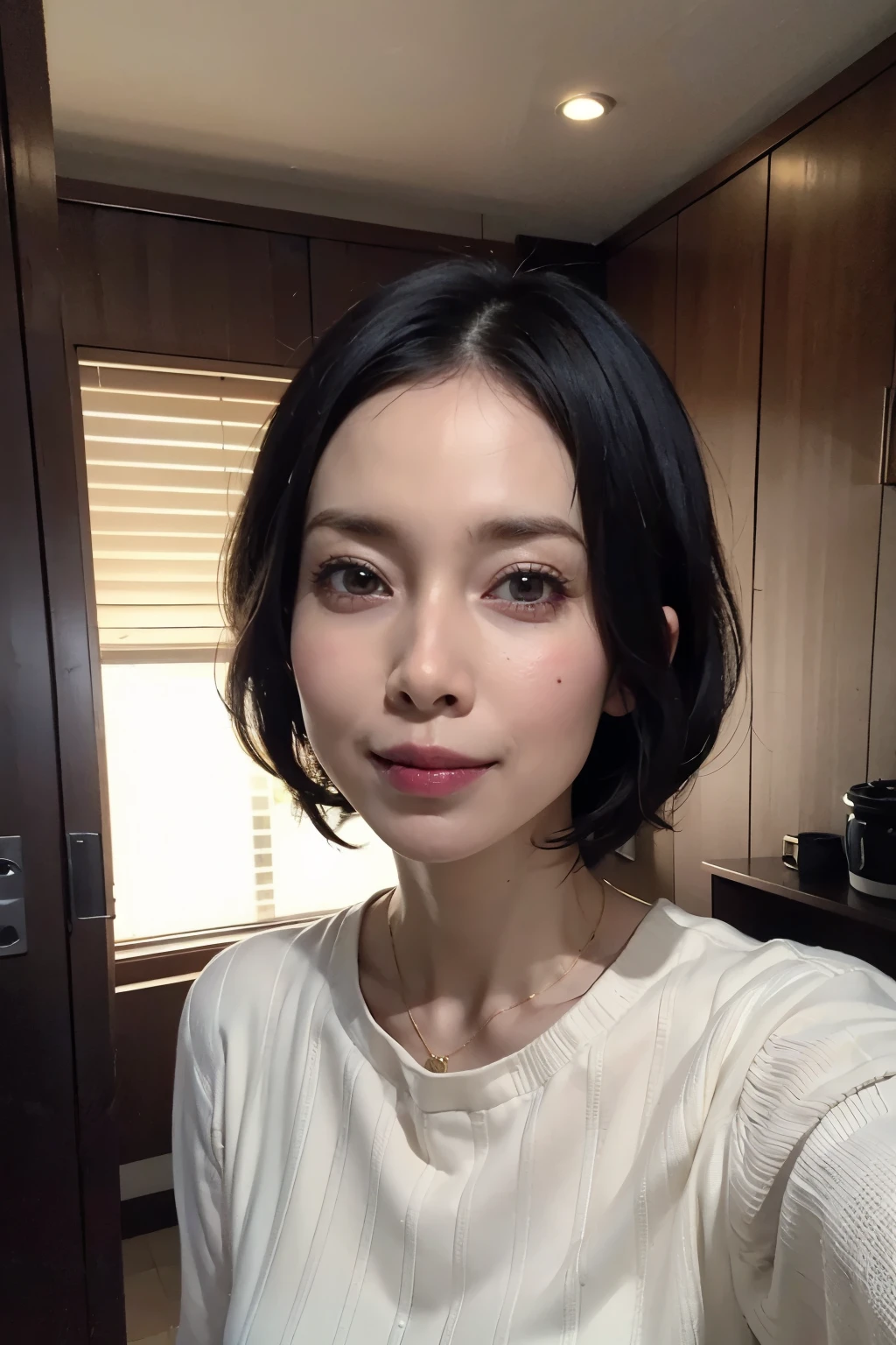 (masterpiece:1.3), (8k, photorealistic, RAW photo, best quality: 1.4), (1girl), beautiful face, (realistic face), (black hair, short hair:1.3), beautiful hairstyle, realistic eyes, beautiful detailed eyes, (realistic skin), beautiful skin, (sweater), absurdres, attractive, ultra high res, ultra realistic, highly detailed, golden ratio, smile, selfie shot, put on a white surgical mask