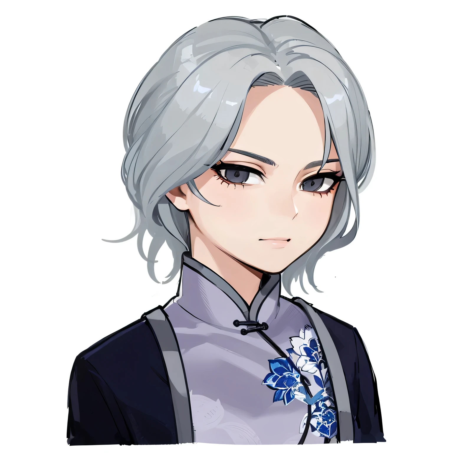 A man in a blue coat、Cheongsam with floral pattern,Exquisite cheongsam pattern,Portrait of a lady with gray hair, 50 years old,Black eyes,She has dark gray hair, Simple lines,Clean lines,